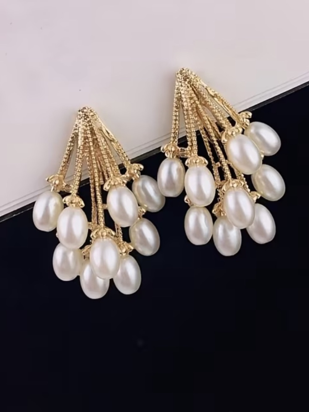 Gold and White Pearl Cluster Drop Earrings - Women Jewelry